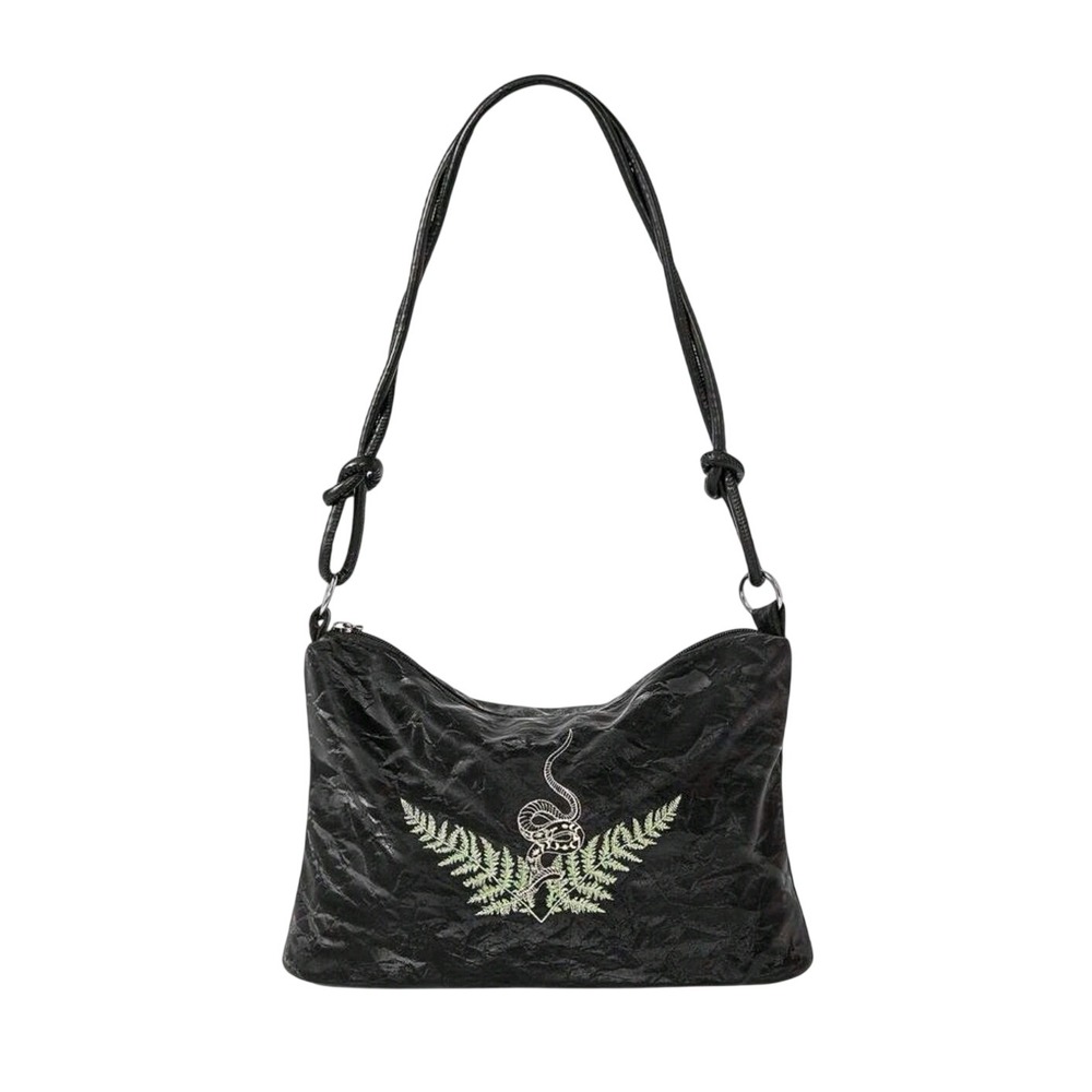 Black Crinkled Faux Leather Shoulder Bag Snake Fern Embroidery Knot Strap‎ Hobo